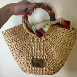 NWT Ted Baker Woven Straw Tote Bag with Multicolor Scarf Accent
